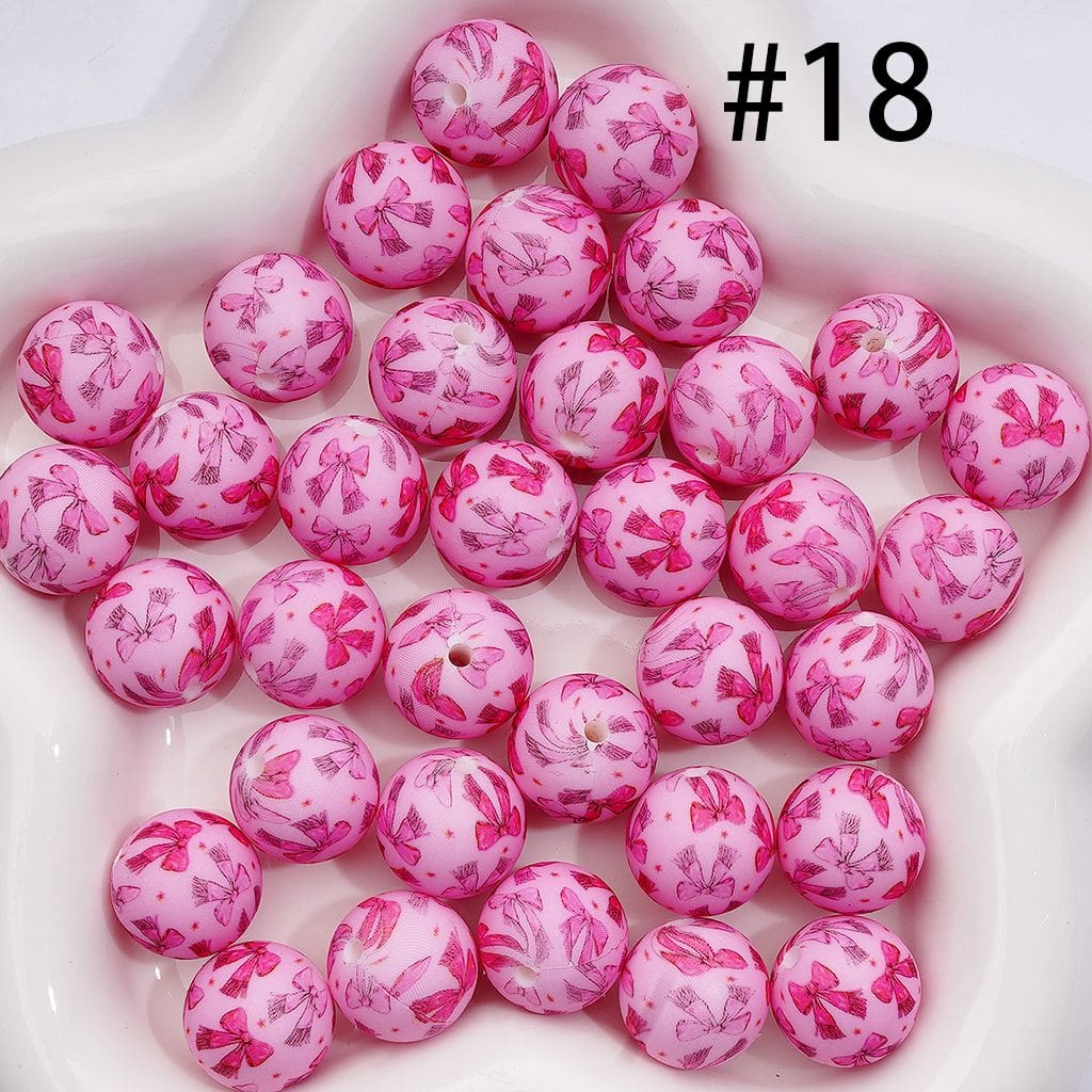 Printed Silicone Round Beads with Pink Bowknot Star, Mini Pink 15MM