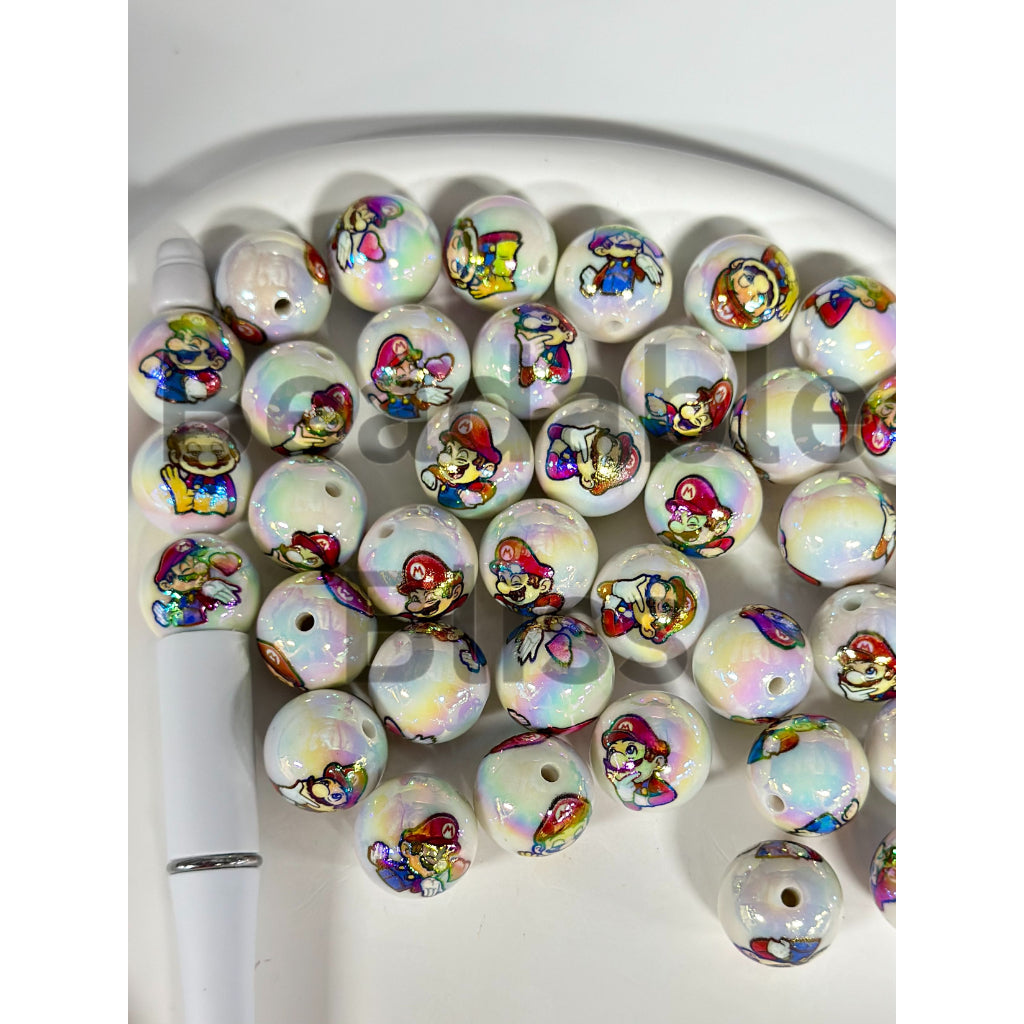White UV Coated Acrylic Beads with Plumber Character Cartoon, Random Mix, 16MM