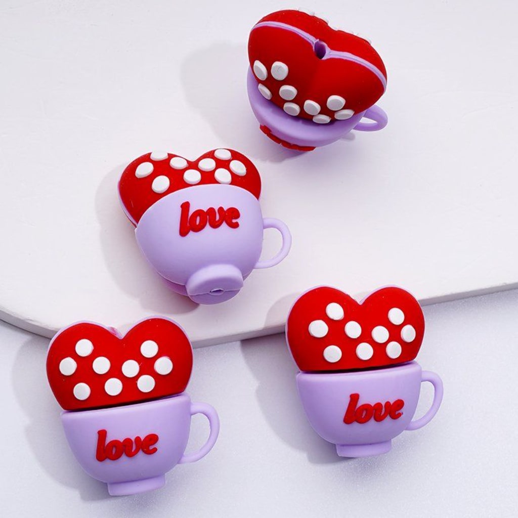 3D Cute Love Cups Red Hearts with White Spots Inside Silicone Focal Beads