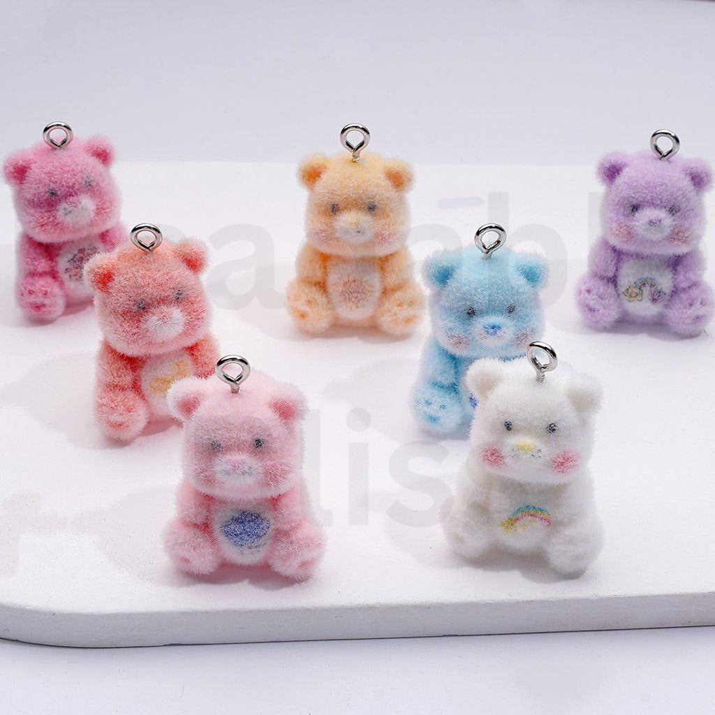 Cute Flocked Fluffy Care Bea with Dangle Ring Acrylic Pendant, Around 18*28MM, Random Mix