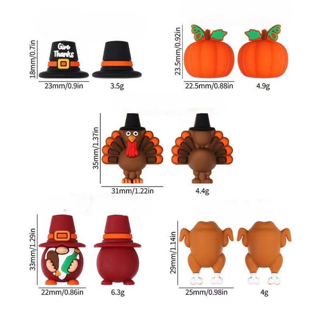3D Thanksgiving Series Turkey Gnome Hat Pumpkin Silicone Focal Beads, Random Mix