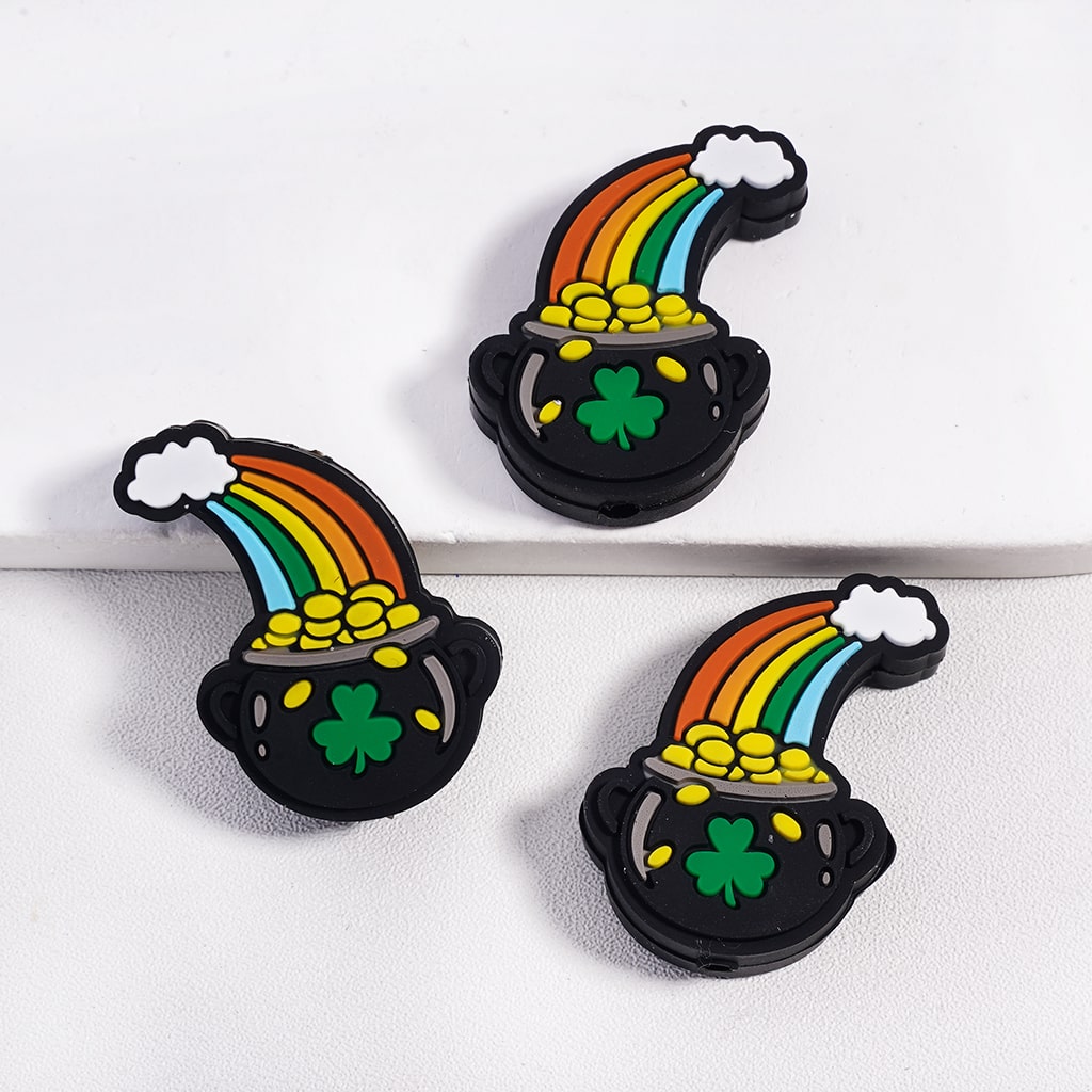 Silicone Focal Beads Clover Pattern Gold Coin Cauldron and Rainbow St. Patrick's Day