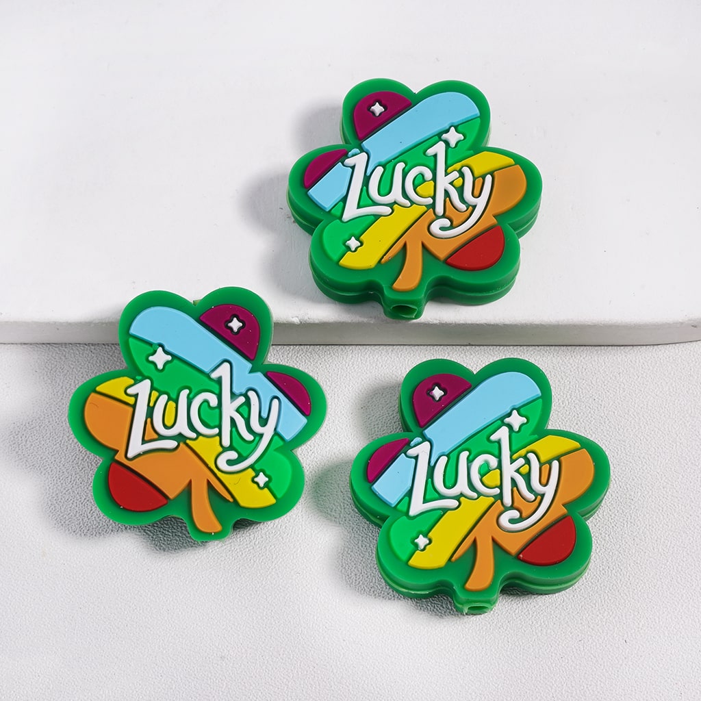 Silicone Focal Beads Colorful Clover with Text "Lucky" St. Patrick's Day