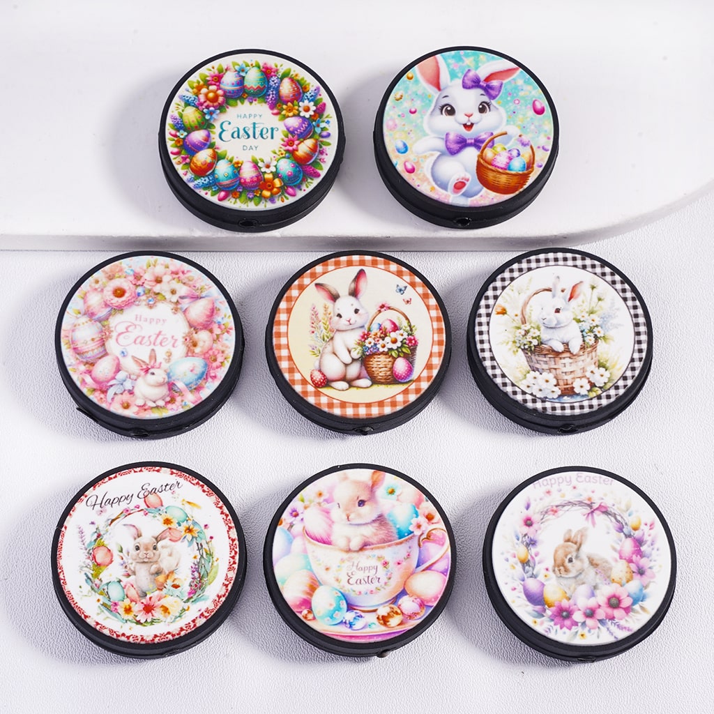 Set of Easter-themed compact mirrors on a white background