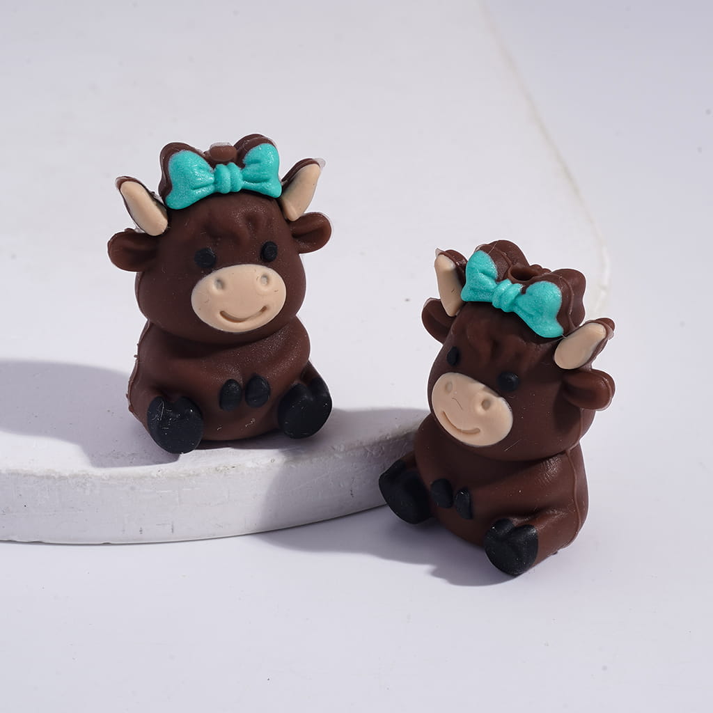 Silicone Focal Beads 3D Cute Cow with Pink & Teal Bowtie