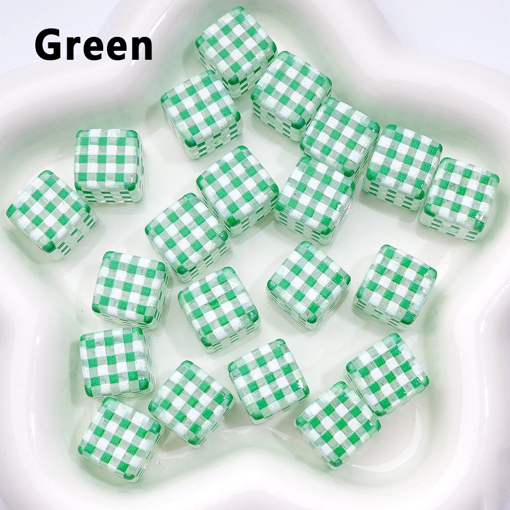 Macaron Color Checkered Clear Cube Square Acrylic Beads, Around 14MM