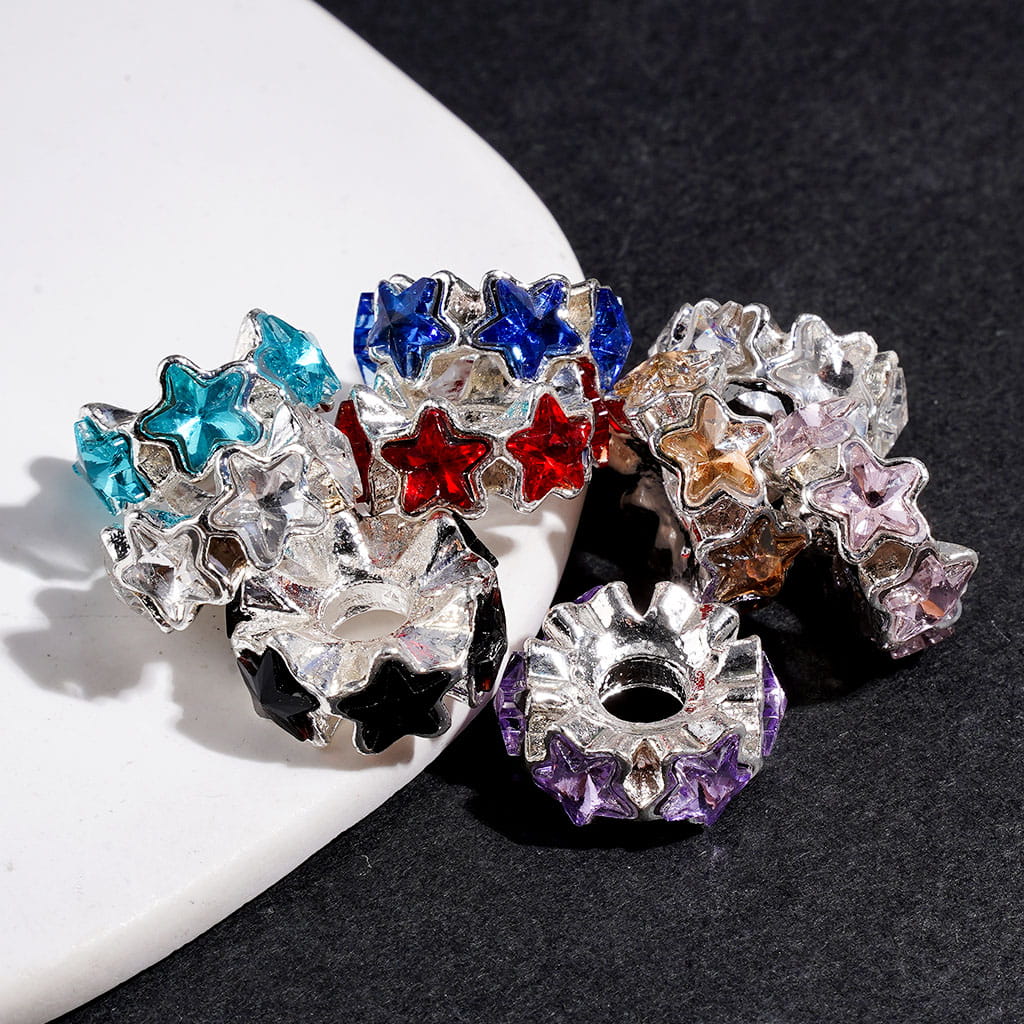 Silver Alloy Beads with Five-pointed Star Rhinestones, Big Hole Beads, 16*7MM, Random Mix (The Hole Diameter is Around 4MM)