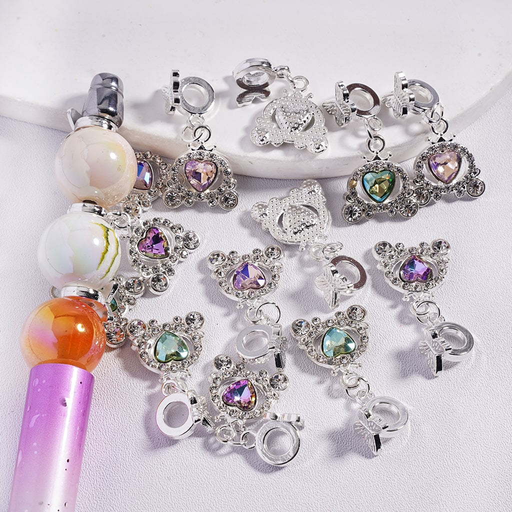 Silver Metal Bail Beads with Butterfly, Charm Pendant European Carriage Shape with Heart Rhinestones, Multi-Color, Random Mix