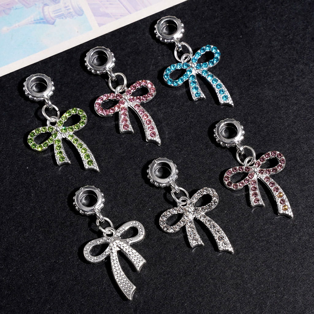 Silver Metal Bail Beads, Charm Pendants Bowtie with Clear Rhinestones, Jewelry Accessory Random Mix Multi-Color