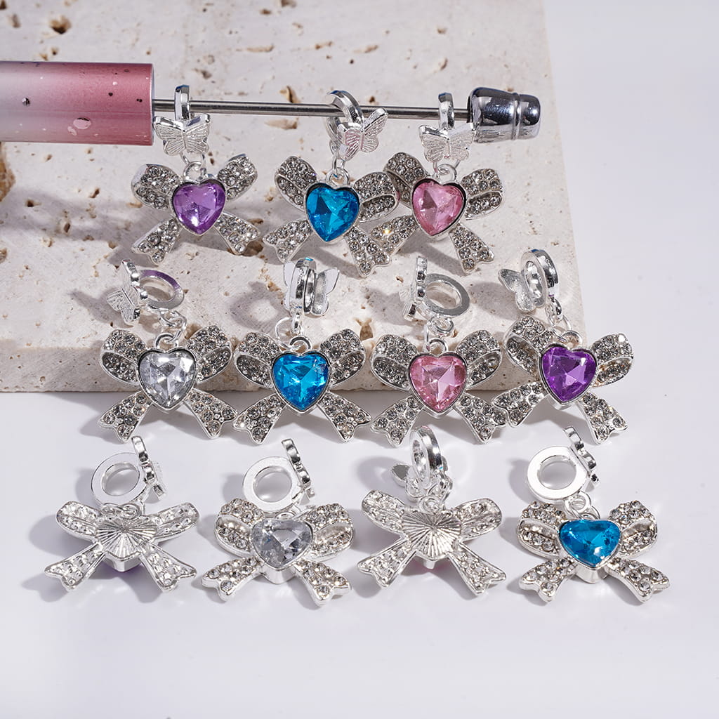Silver Alloy Bail Beads with Butterfly, Charm Pendant Bowknot with Heart and Clear Rhinestones, Random Mix