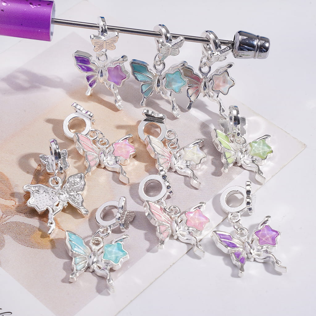 Silver Alloy Bail Beads with Butterfly, Charm Pendant Butterfly with Star Rhinestone, Multi-Color, Random Mix