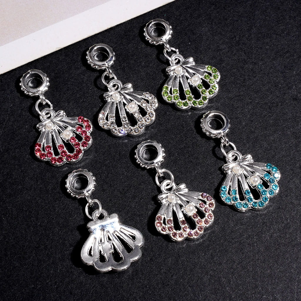 Alloy Bail Loop Beads, Charm Pendants Seashell with Rhinestones and White Pearls, Jewelry Accessories, Multi-Color, Random Mix