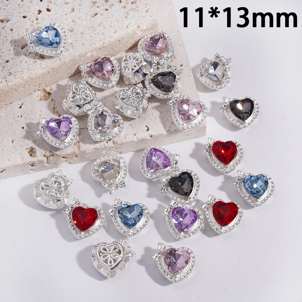 Alloy Heart Beads with Bowtie and Heart Rhinestone, Hollowed Five Petaled Flower on Back, 11*13MM, Random Mix