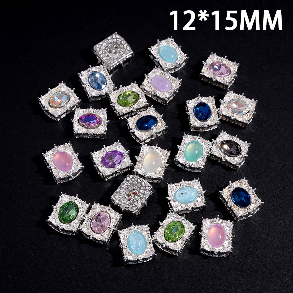Alloy Square Beads w Silver Edge and Oval Rhinestone, Hollowed Lace Texture on Back, 12*15MM, Random Mix (Can't Used for Pen)