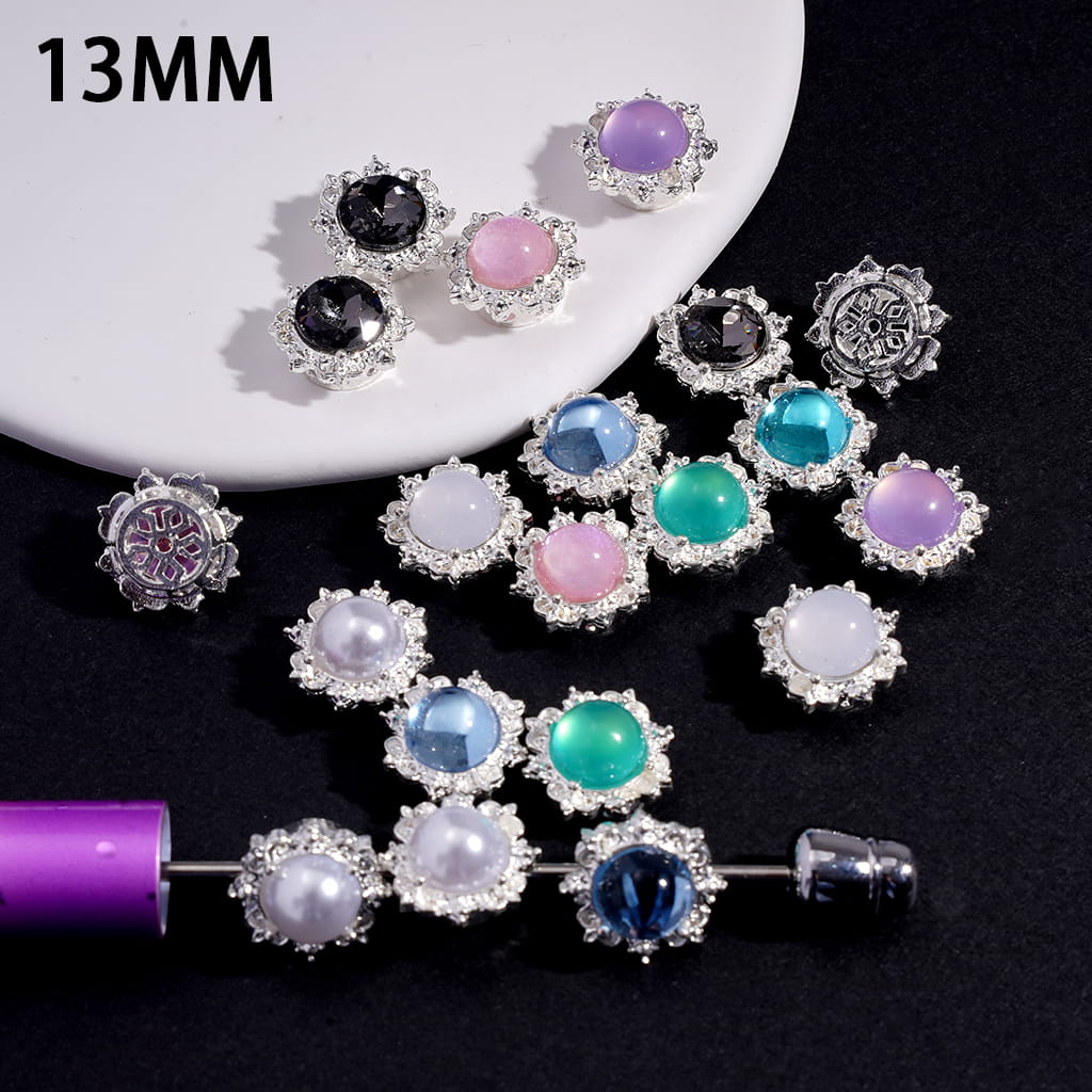 Silver Color Metal Cupcake Beads w Silver Sun Flower Edge and Half Round Rhinestone, Hollowed Flower on Back, 13MM, Random Mix