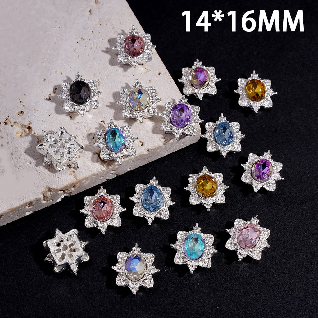 Silver Color Metal Beads w Snowflake Edge and Rhinestone, Hollowed Flower on Back, 14*16MM, Random Mix (Can't Used for Pen)
