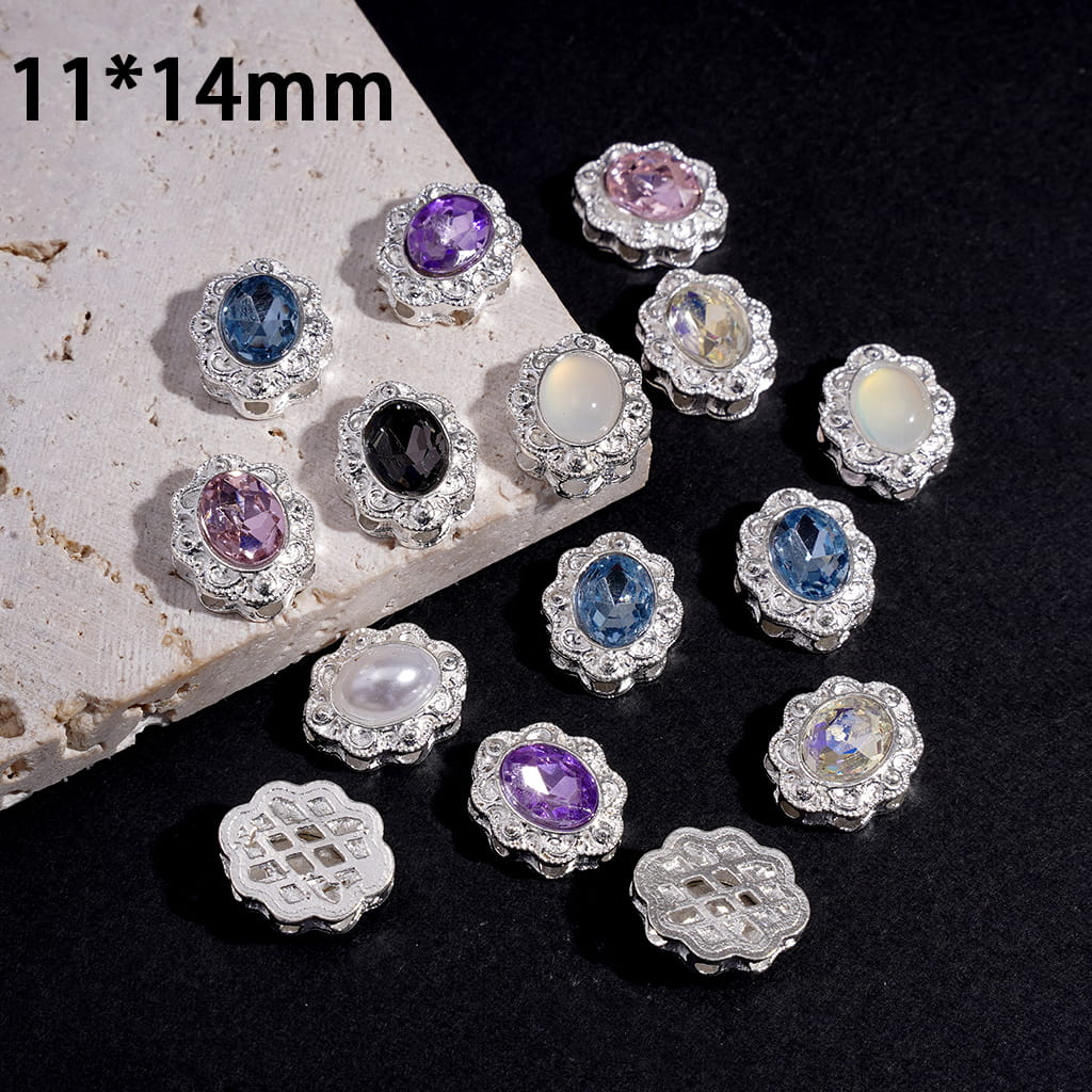Silver Color Metal Beads w Flower Edge and Oval Rhinestone, Hollowed Web Texture on Back, 11*14MM, Random Mix (Can't Used for Pen)