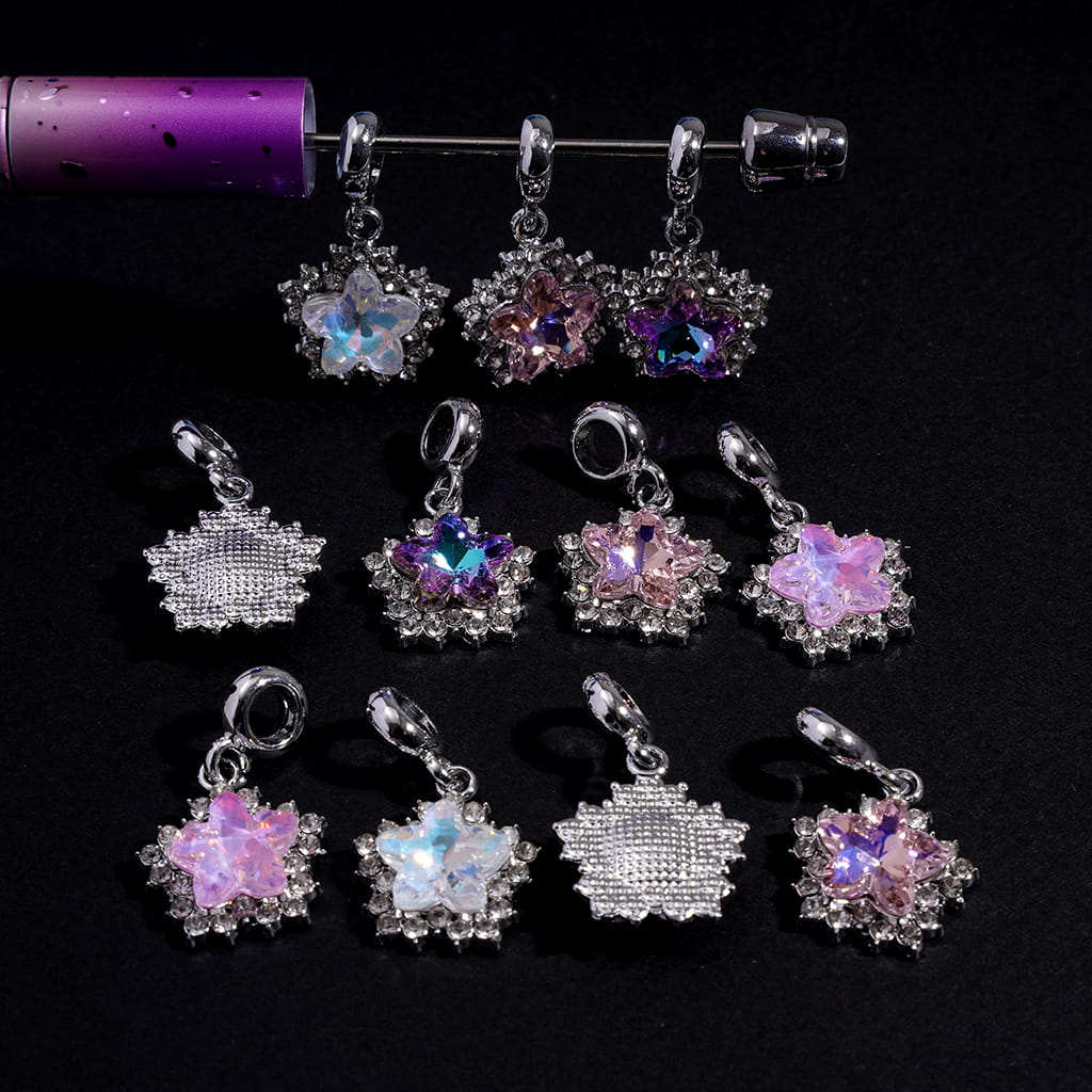 Silver Metal Beads with Loop Ring, Charm Pendant Star with Clear Rhinestones Flower Edge, Random Mix