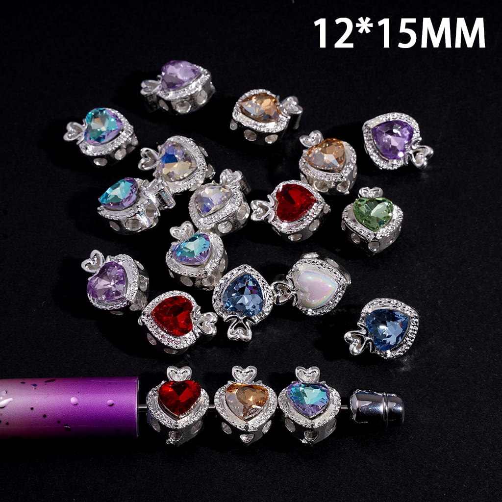 Alloy Heart Shaped Apple Beads Pendants with Heart Rhinestones, 12*15MM, Random Mix