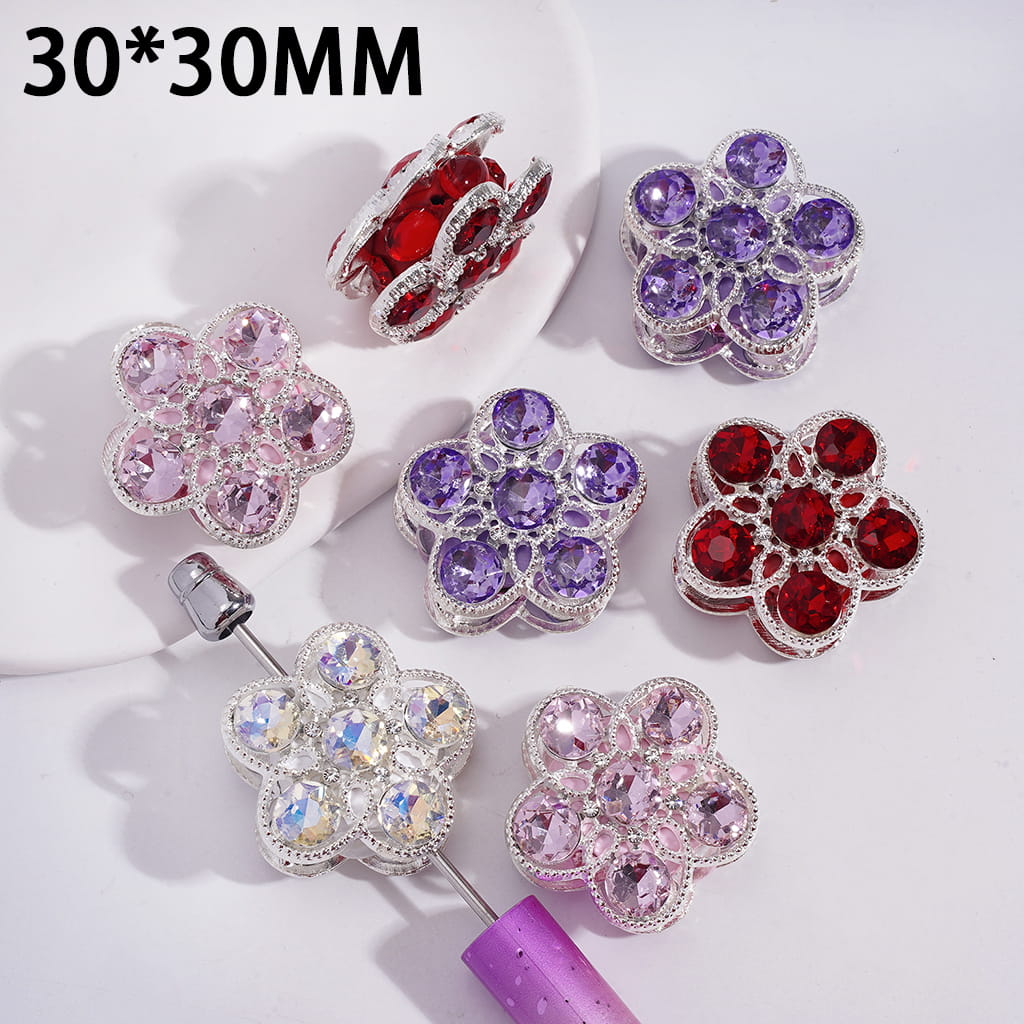 Clay Beads with Silver Metal Five-Petaled Flower Frame and Shiny Rhinestones, 30*30MM, Multi-Color, Random Mix