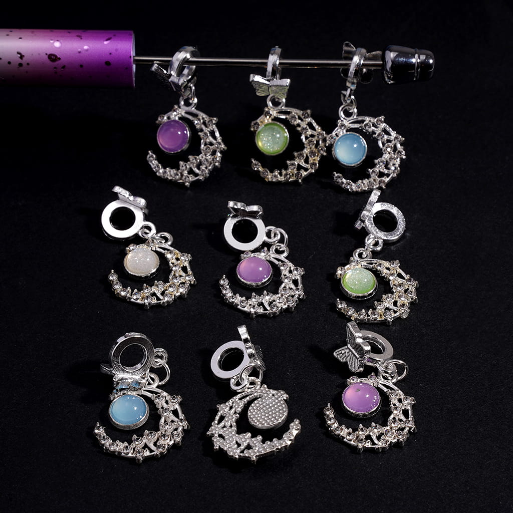Silver Metal Bail Beads with Butterfly, Charm Pendants Crescent Moon with Cat Eye Style Half-Shell Round and Clear Rhinestones, Random Mix