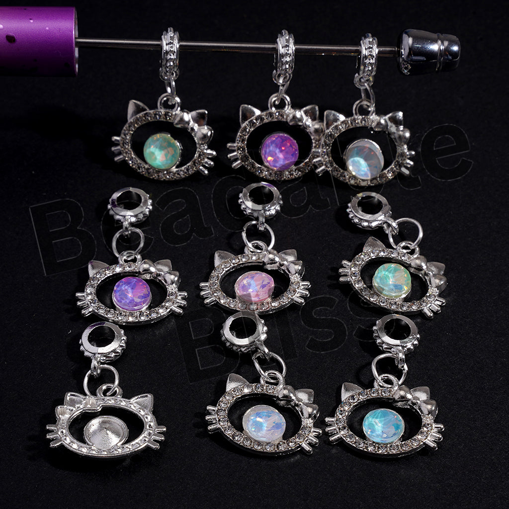 Silver Alloy Bail Loop Beads with Charm Pendants Cute Cat Character Frame with Shiny Rhinestones, Jewelry Accessories, Random Mix
