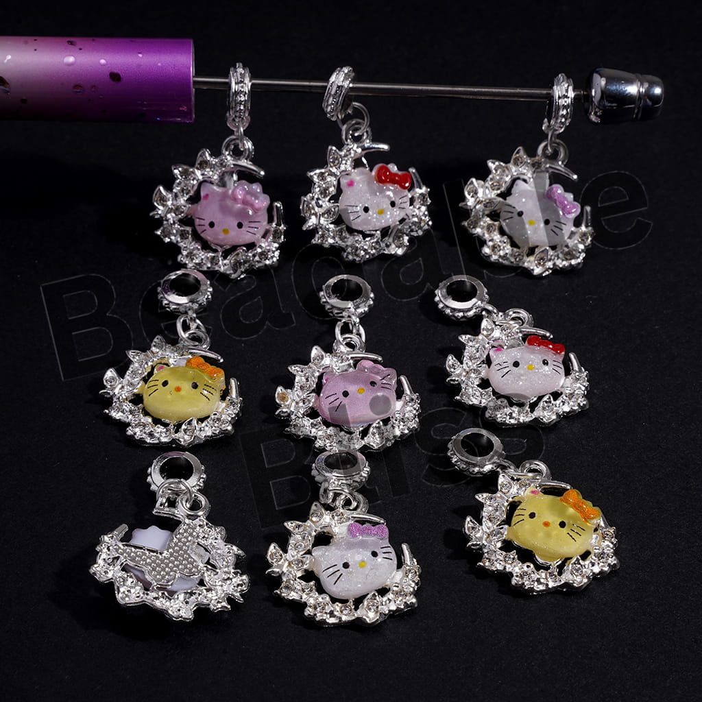 Alloy Bail Loop Beads, Charm Pendants Crescent Moon Shaped Butterflies Frame with Cat Clear Rhinestones, Jewelry Accessories, Random Mix