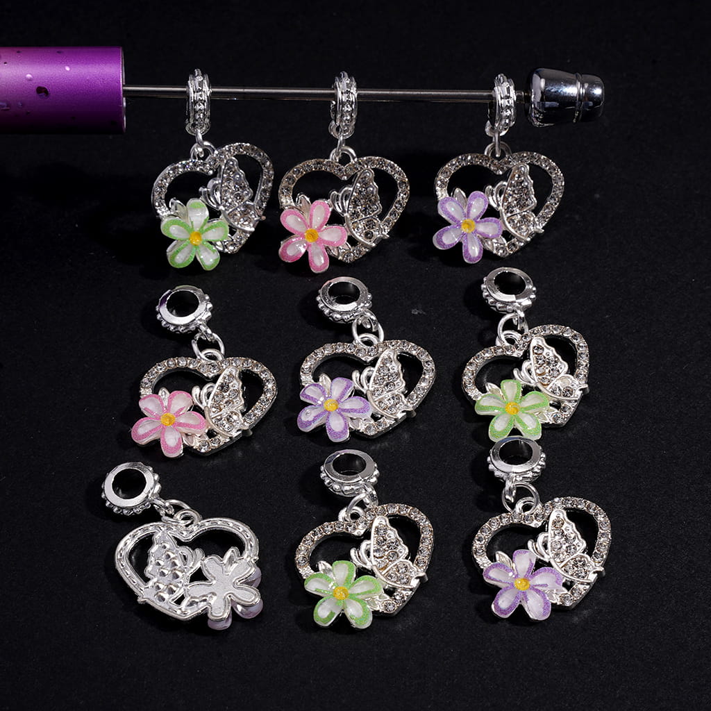 Metal Bail Jump Ring Beads, Charm Pendants Heart Frame with Flower Butterfly Clear Rhinestones, Random Mix