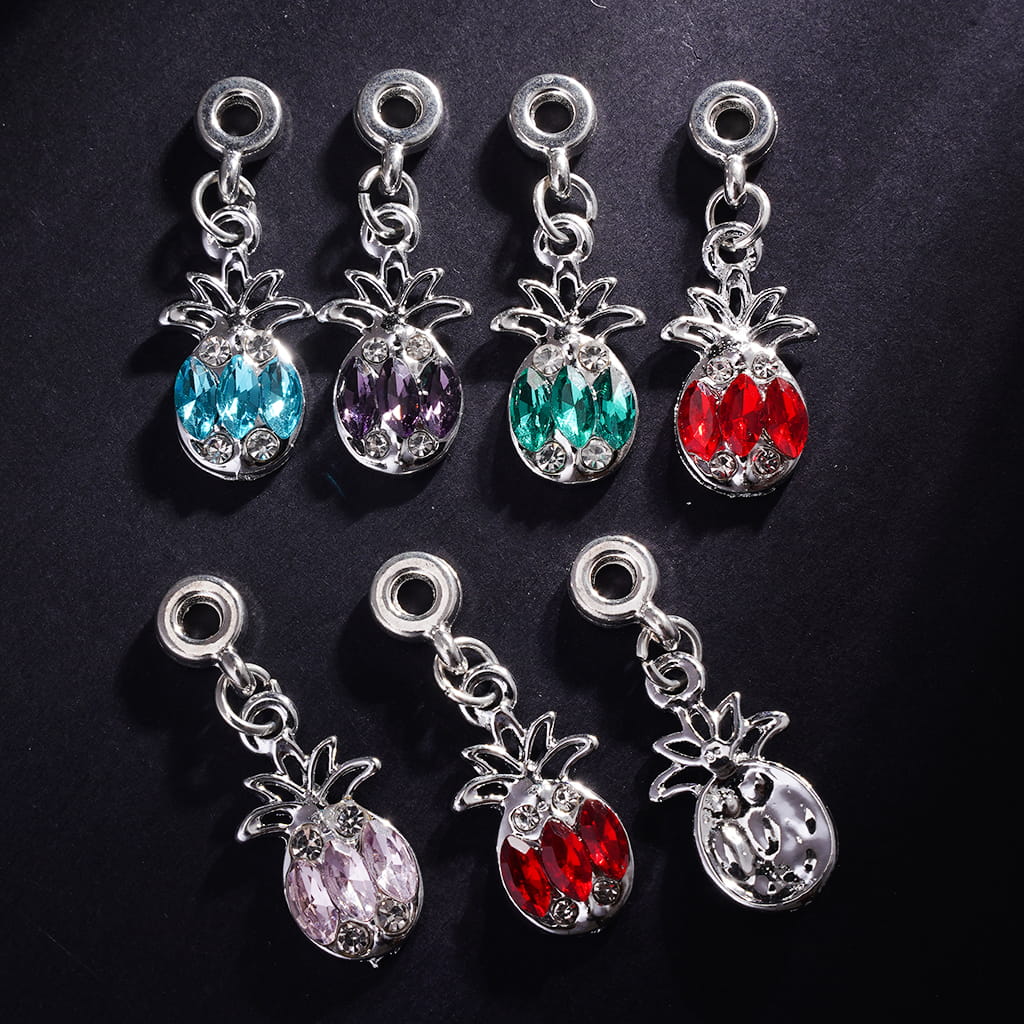 Silver Metal Bail Ring Beads with Charm Pendants Pineapple in Round & Marquise Cut Rhinestones, Jewelry Accessories, Random Mix