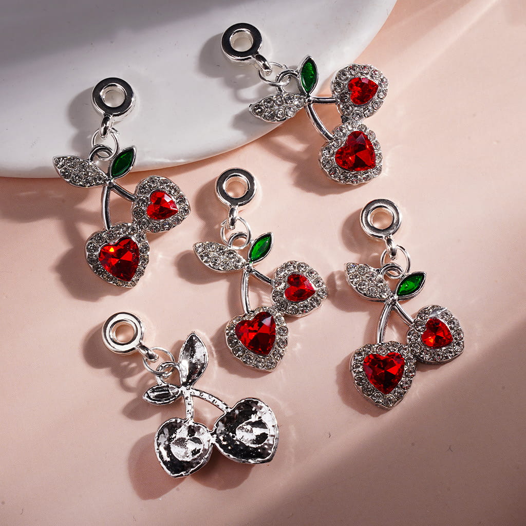 Alloy Bail Loop Beads, Charm Pendants Heart Shaped Cherry with Red Clear Rhinestones