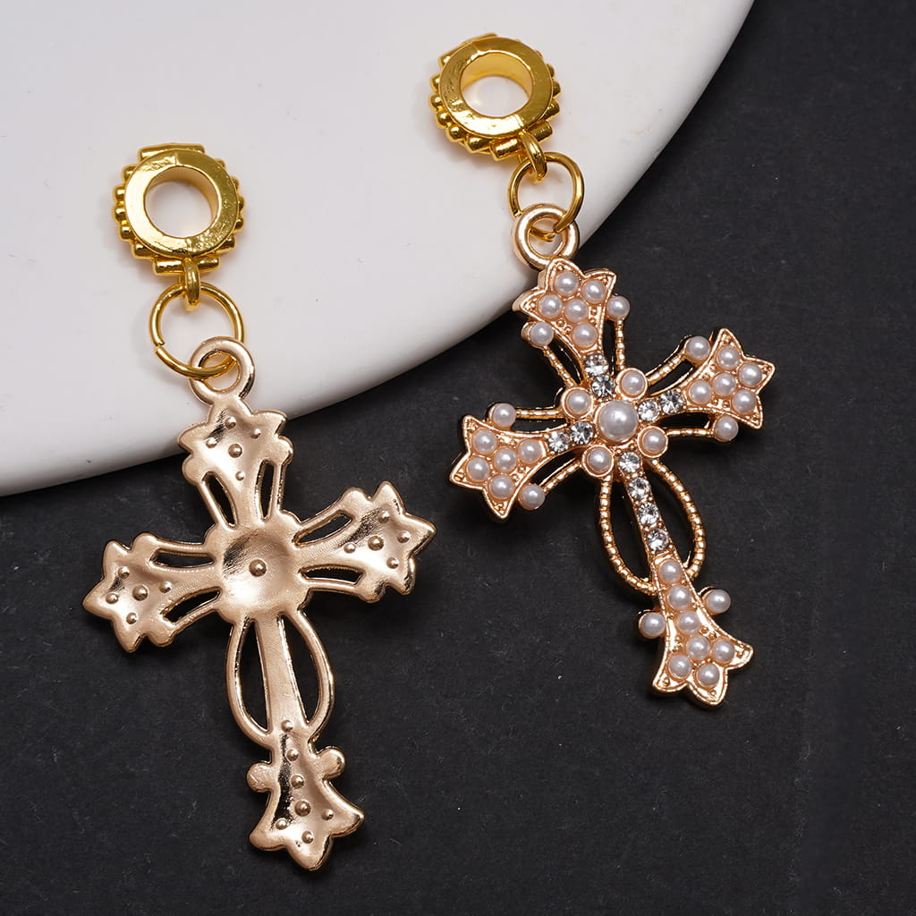 Gold Alloy Bail Beads with Pendant Charms Cross in Religion Theme, w Clear Rhinestones and White Pearls, Ornament Accessories