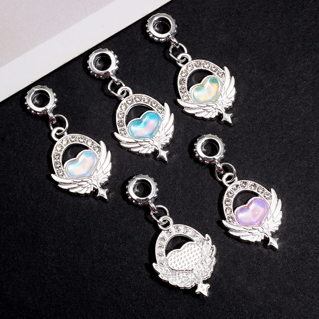 Alloy Pendants and Charms w Iridescent Heart, Angel Wings & Clear Rhinestones, Silver Tone, Multi-Color