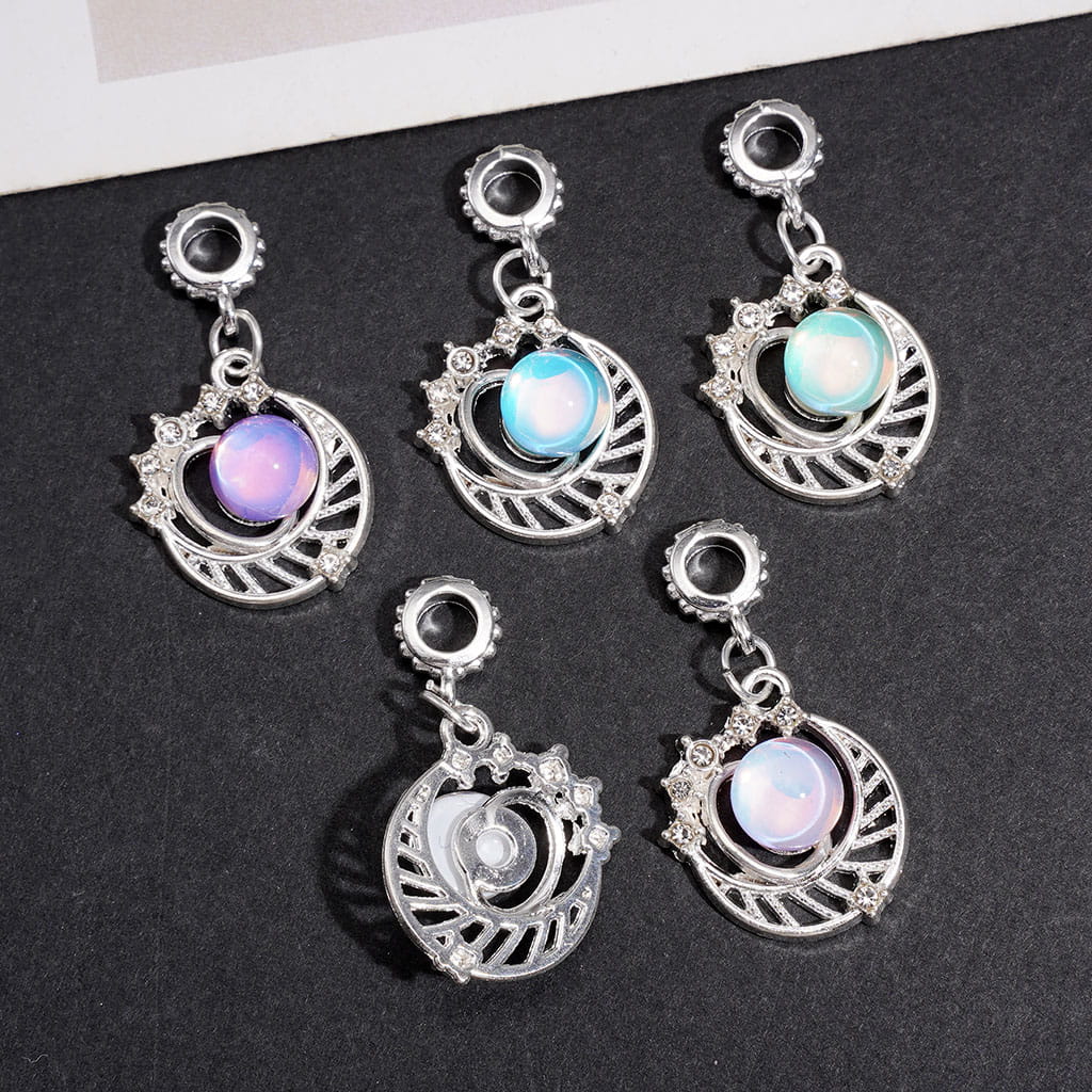 Silver Metal Bail Beads, Charm Pendants Crescent Moon with Planets Rhinestones, Jewelry Accessory Random Mix