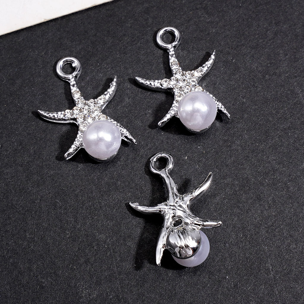 Silver Metal Bail Beads, Starfish with Clear Rhinestones and White Pearl, Jewelry Accessory