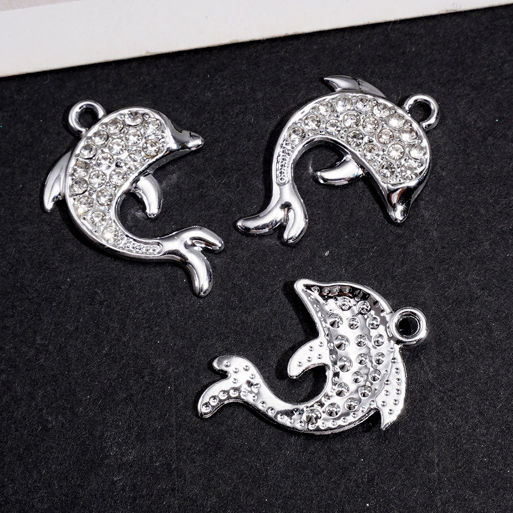 Silver Alloy Charm Pendants, Dolphin with Clear Rhinestones, Jewelry Accessory