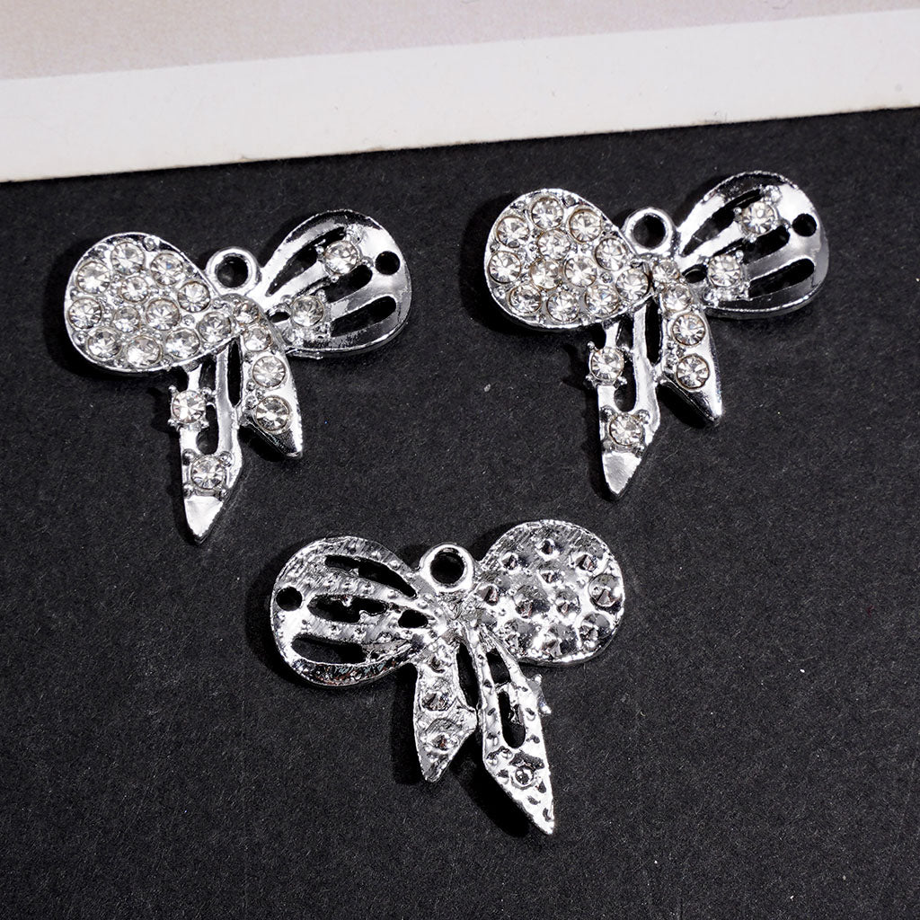 Silver Alloy Charm Pendants Bowknot with Clear Rhinestones, Jewelry Accessory