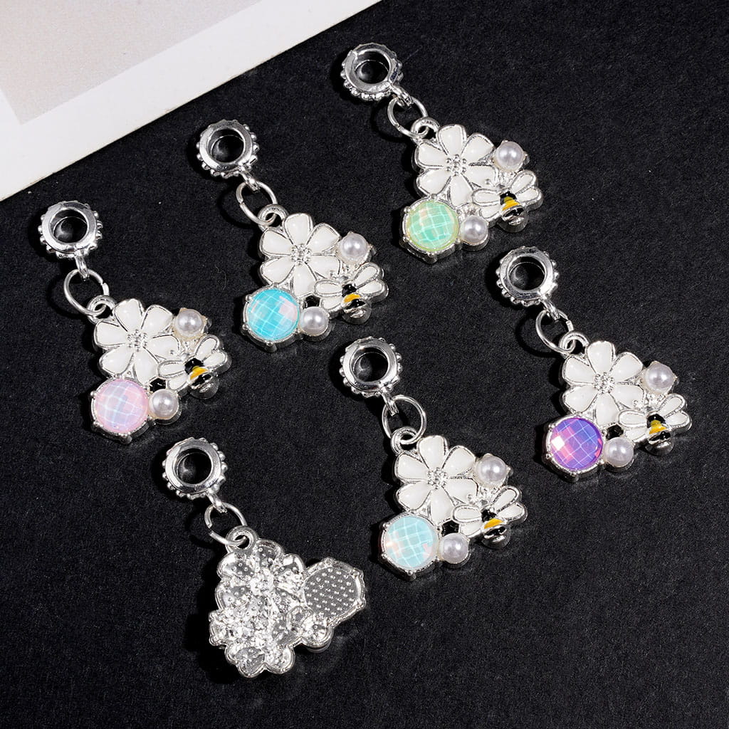 Silver Metal Bail Beads, Charm Pendants White Six-Petaled Flower Bee, White Pearls & Various Colors Rhinestones, Jewelry Accessory Random Mix