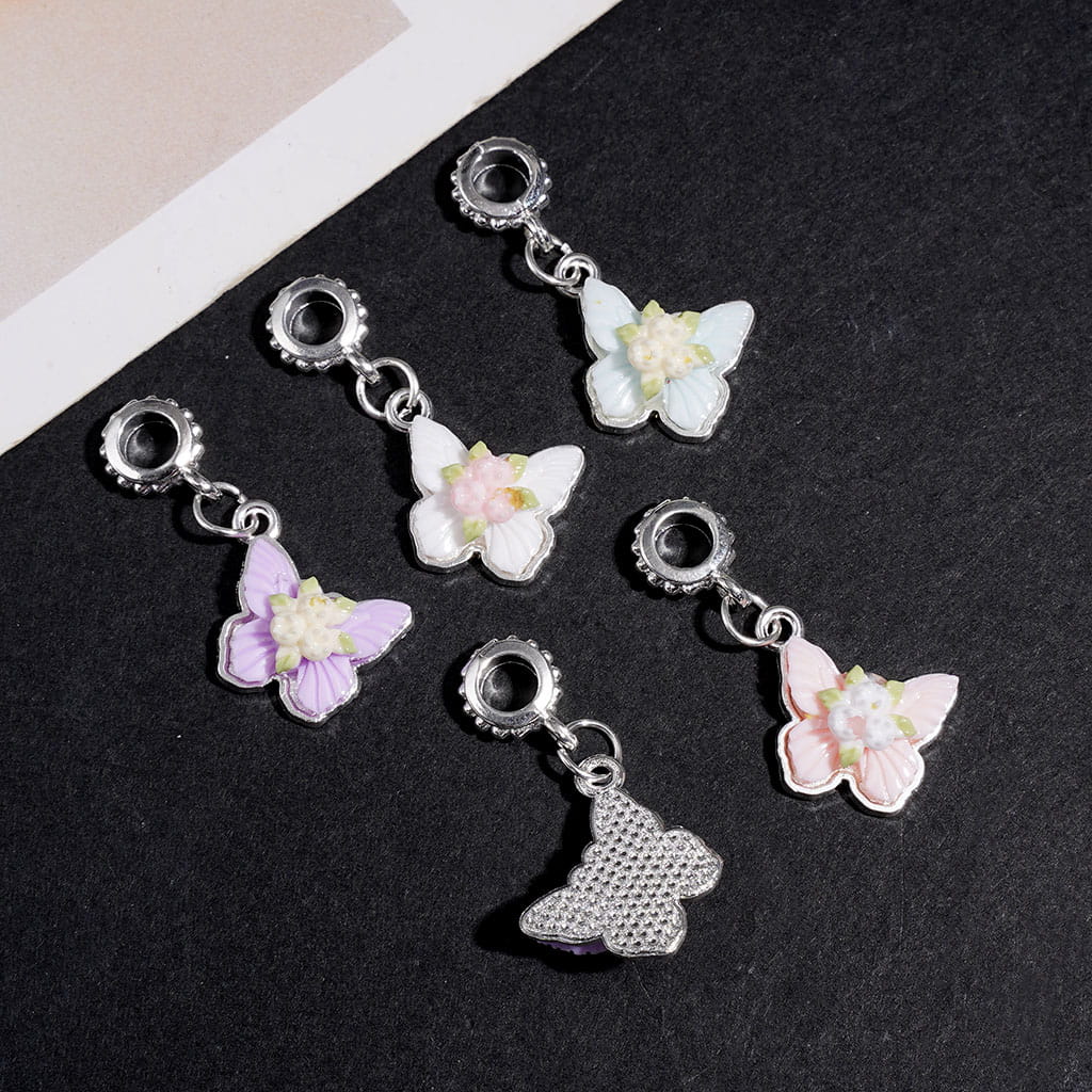 Silver Alloy Bail Beads Butterfly with Flower, Charm Pendant Jewelry Accessories, Multi-Colors Random Mix