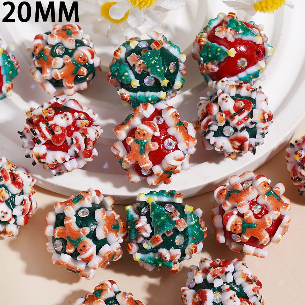 Clay Beads with Santa Claus Christmas Tree Gingerbread Man, AB Rhinestones, 20MM, Red and Green, Random Mix