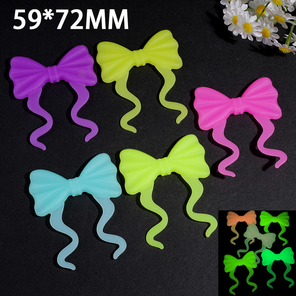 Silicone Focal Beads Luminous Bowknot with Long Ribbon, 59*72MM Neon Colors Random Mix