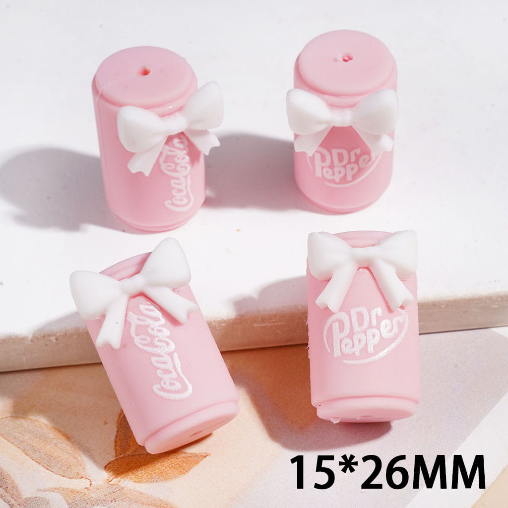3D Pink Soda Drinking Can with White Bowknot Silicone Focal Beads, 15*26MM