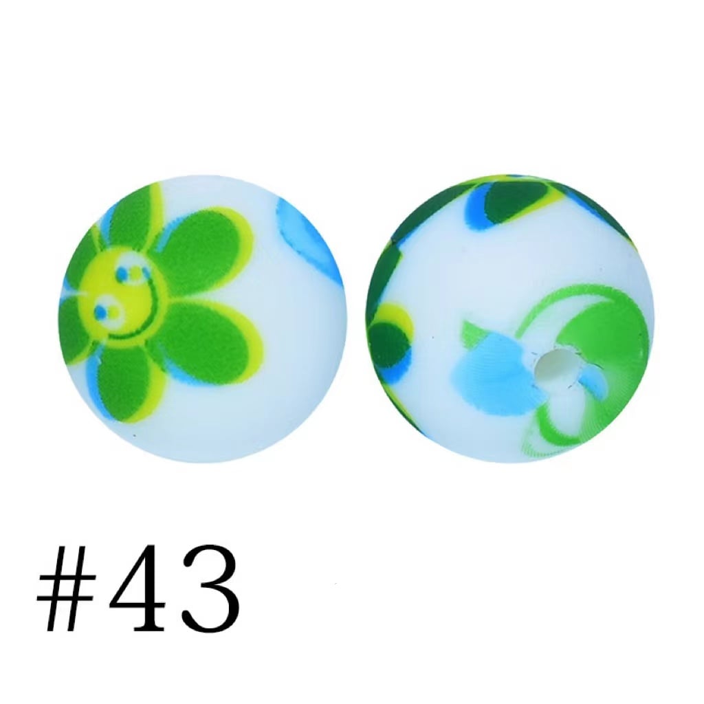 緑の花がプリントされたシリコン ビーズ 番号 43