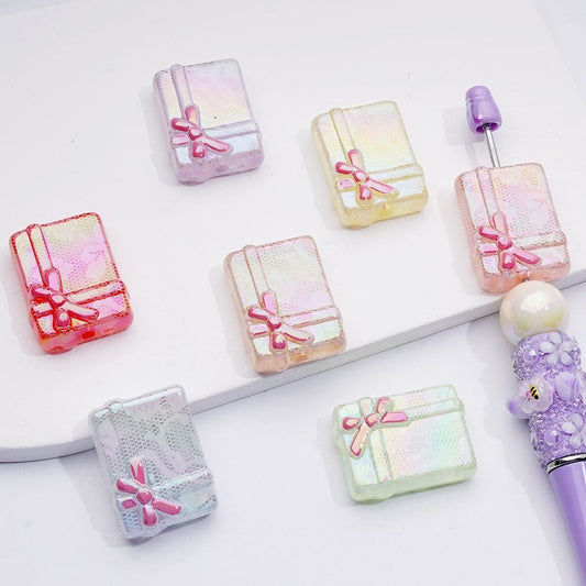 UV Coating White Lace Flower Pink Bowknot Gift Box Acrylic Beads, 31*23MM, Random Mix