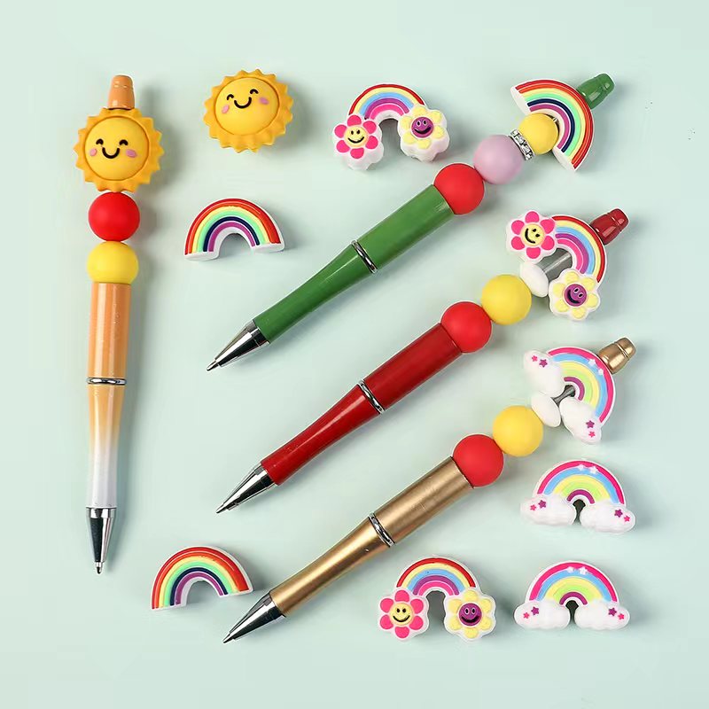 Silicone Focal Beads 3D Rainbow with Cloud Star Flower in Various Designs, Random Mix