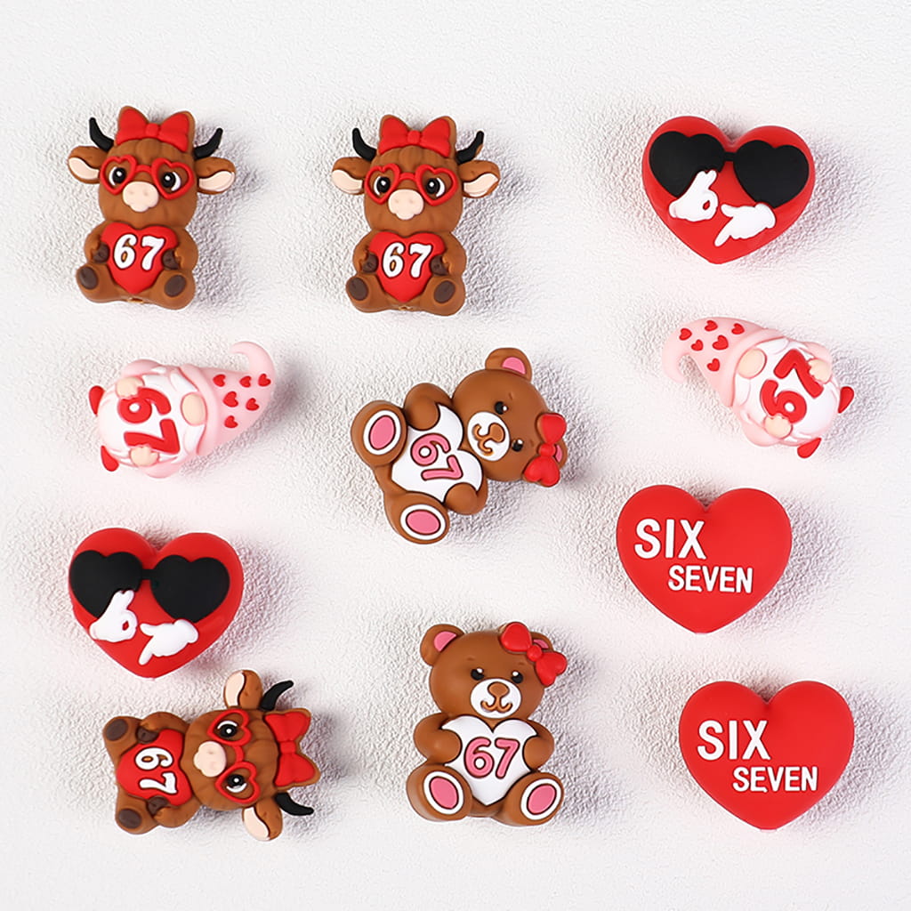 Silicone Focal Beads 3D Animal Gnome Heart with Number "67" Series