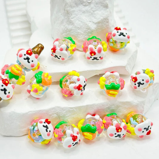 Cute Cat Kitten Mini Flower Carrot Clear Round Acrylic Beads, 16MM