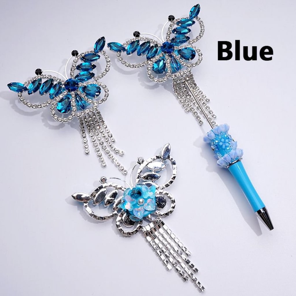 Bling Bling Fancy Silver Alloy Butterfly with Shiny Rhinestones Metal Clear Rhinestones Chains White Pearls Cute Butterflies Hearts Flowers Clay Beads, Around 79*108MM