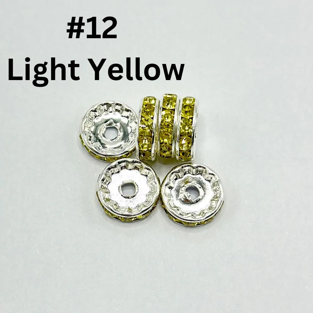 Straight Flat Round Metal Spacers with Rhinestones in Solid Colors, 10mm
