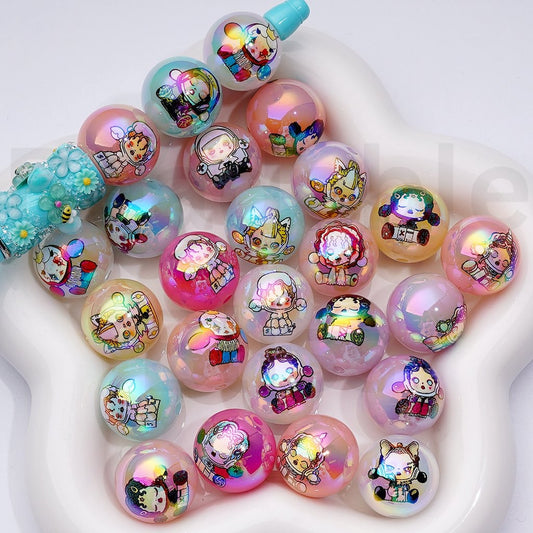 Large UV Coating Cute Girl Moll Pop Mar Jelly Color Round Acrylic Beads, 20MM, Random Mix