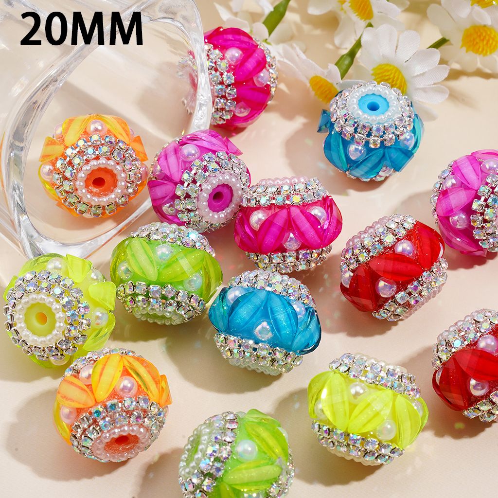 Handmade Acrylic Beads w Leaf Rhinestones & UV Coating Half-Shell Pearls, AB Rhinestone & White Pearl Chains, 20MM, Neon Colors (Slight Color Variance)